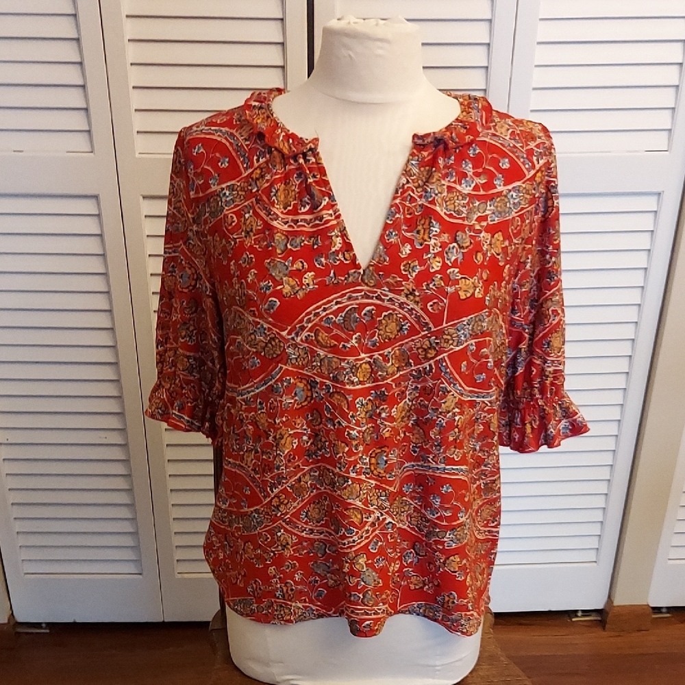 Red Paisley V-Neck Ruffle Sleeve Blouse